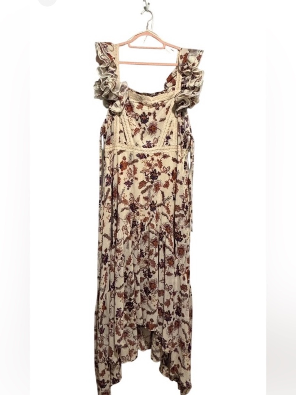 Rosevelvet Maxi Dress Floral Print Ruffle Sleeve Lace‎ Trim Cream 2X
